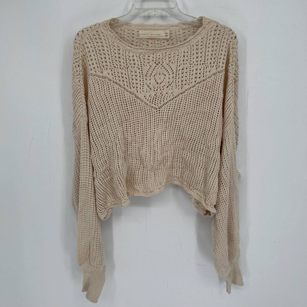 Happy Nature Women's Beige Open Knit Long Sleeve Boho Cropped Sweater Size XL